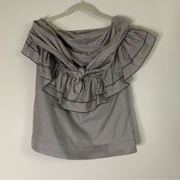 Isa Arfen Womens cotton silk blend off the shoulder SS stripe Blouse 8 - Picture 1 of 9